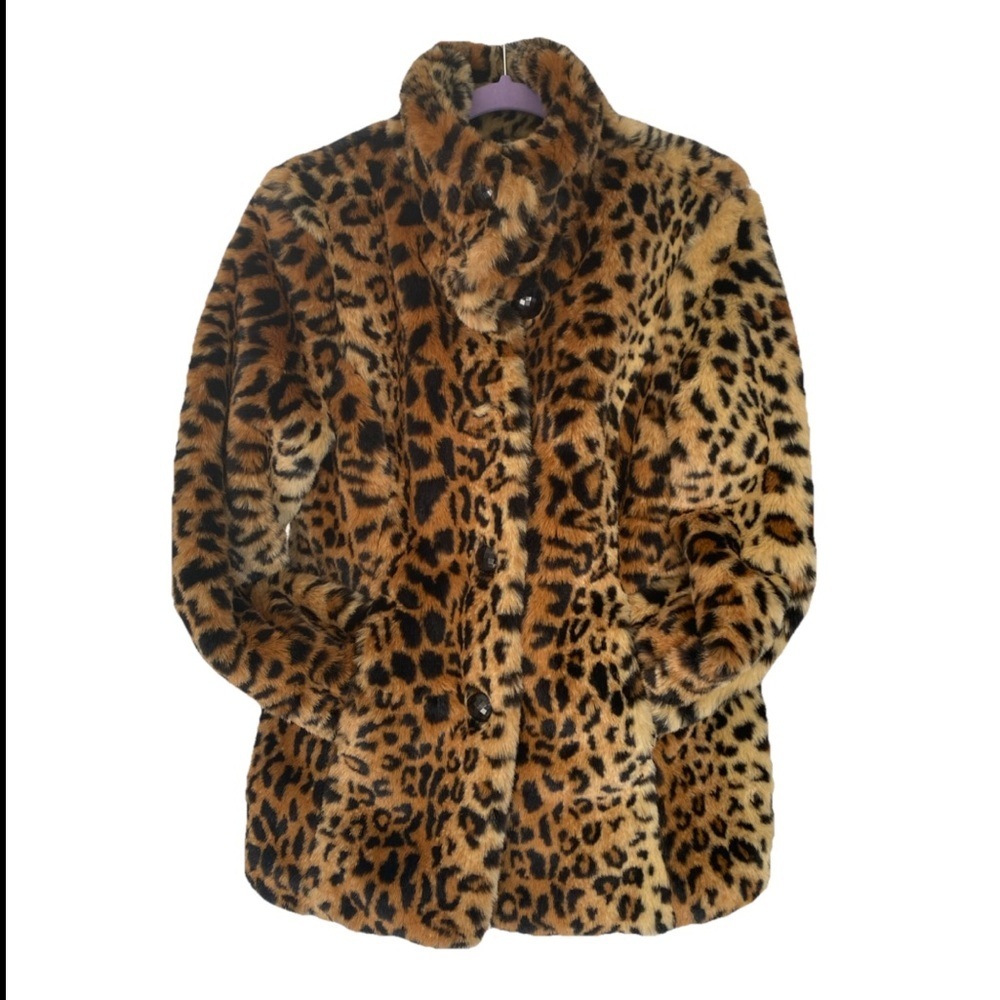 Fuda Faux Fur Leopard Print Coat Women’s Large Plush 100% Acrylic Jacket